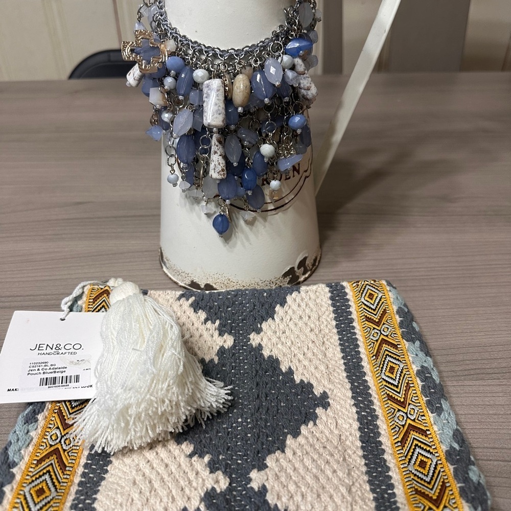 Jen & Co. Geometric Clutch with Tassel and Chicos NWT Necklace bundle